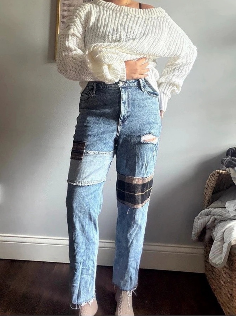 Hollister Straight Leg Patchwork Jeans in Blue